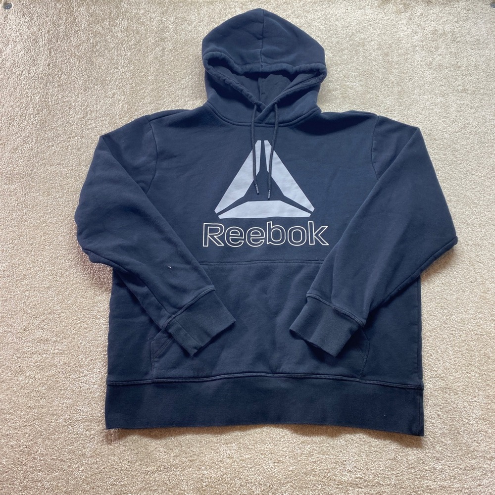 Reebok Sweatshirt Mens Large Black Hoodie Logo‎ Pocket Pullover Athleisure